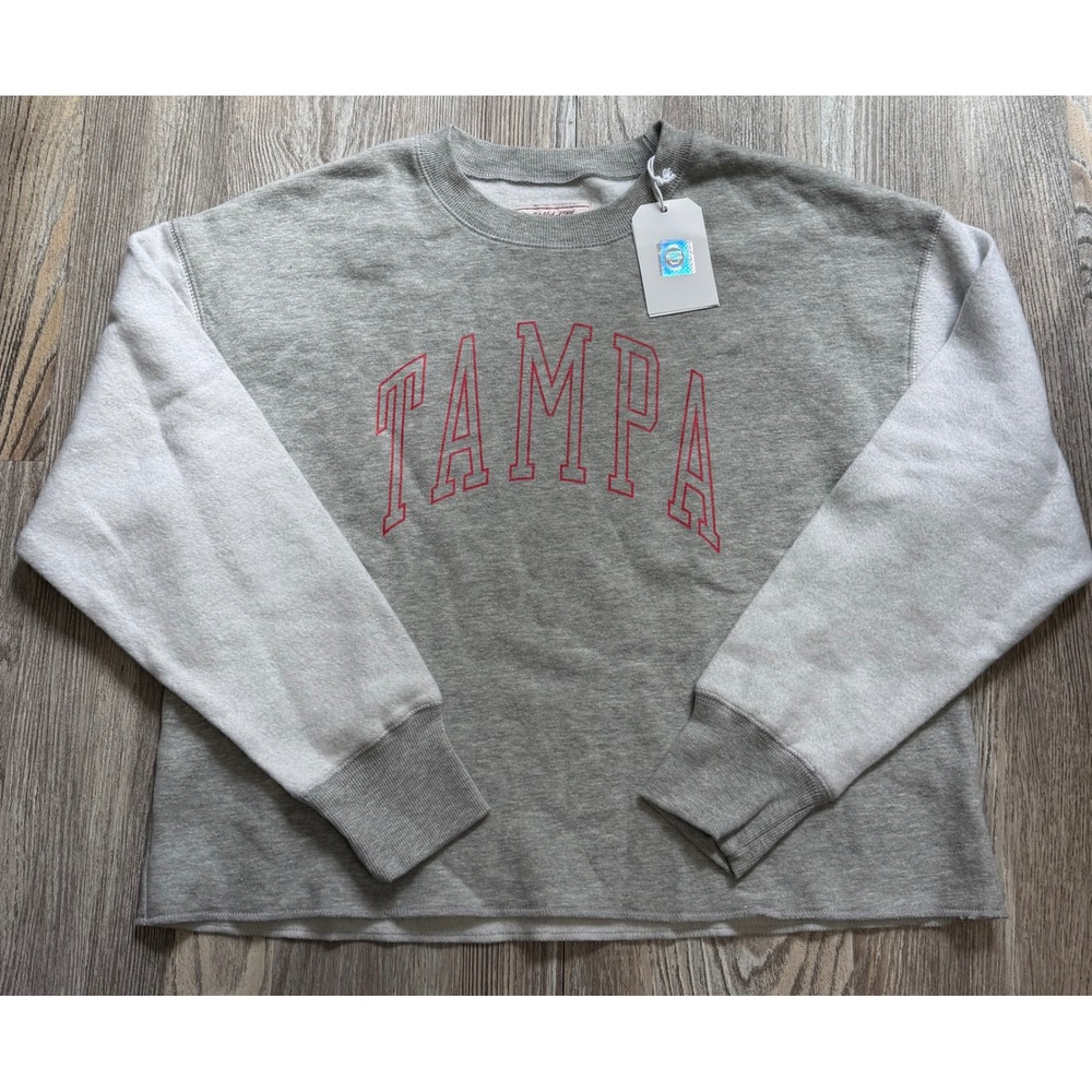 League 91 Tampa Women Sweatshirt Gray Red Varsity Lettering Raw Hem Small NWT